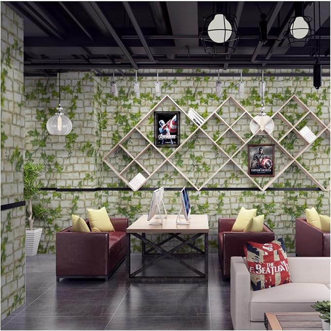 Green Leaves Brick Wallpaper Peel and Stick Realistic Distressed Textured Waterproof Self Adhesive Contact Paper Vintage Removable Vinyl Wall Paper Faux Brick Look Wall Covering 23.6"x393"