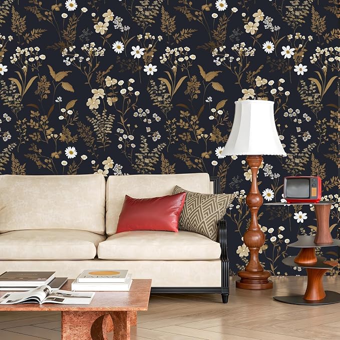 Floral Leaf Vintage Wallpaper Peel and Stick 17.5"x393", Dark Gold | Self Adhesive/Removable/Waterproof/Thick Vinyl Contact Paper for Bathroom Bedroom Shelf Cabinet Drawer,Prepasted,Easy Peel