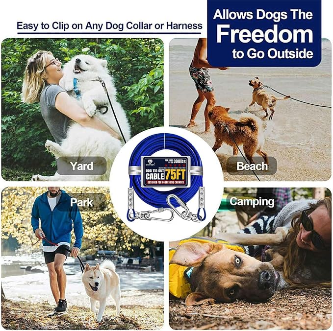 Tie Out Cable for Dogs Up to 300lbs,75ft Extra Strong 1000lbs Break Strength Tie-Out Tether Trolley Training Lead,Dog Run Cable for Yard Garden Park Camping Outside (Blue, 300lbs 75ft)