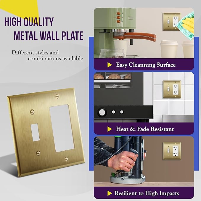 ENERLITES Combination Toggle and Decorator Switch Metal Wall Plate, Stainless Steel 201, Corrosion Resistant, Size 2-Gang 4.50" x 4.57", 771131-BB, Brushed Brass, Gold
