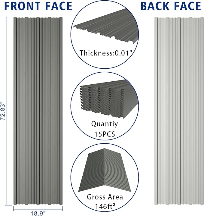 15PCS 146ft² Metal Roofing Panels 72.83”x18.9” Corrugated Metal Sheets Galvanized Exterior Siding Roofing Materials for Outdoor House Garages Sheds Pergola Gazebo Chicken Coop Stables, Gray