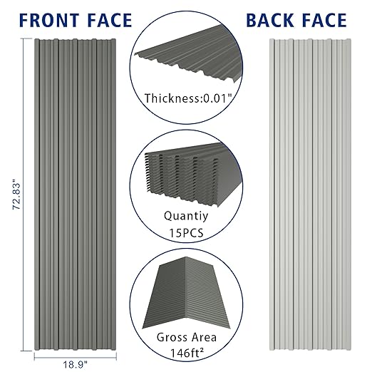 15PCS 146ft² Metal Roofing Panels 72.83”x18.9” Corrugated Metal Sheets Galvanized Exterior Siding Roofing Materials for Outdoor House Garages Sheds Pergola Gazebo Chicken Coop Stables, Grey