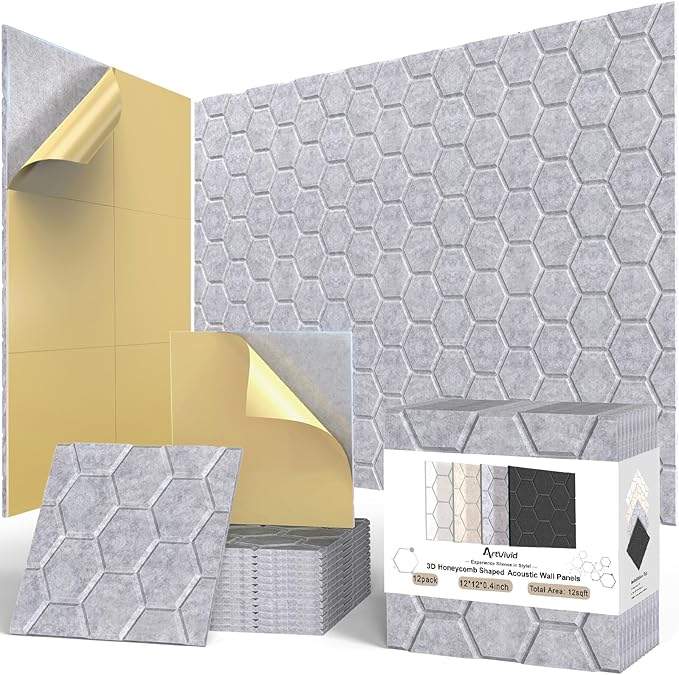 12Pack Acoustic Wall Panels, Honeycomb Self-Adhesive Sound Proof Foam Panels for Walls, High Density Decorative Hexagon Sound Absorbing Wall Tiles for Recording Studios, Home, 12"×12"×0.4", Grey