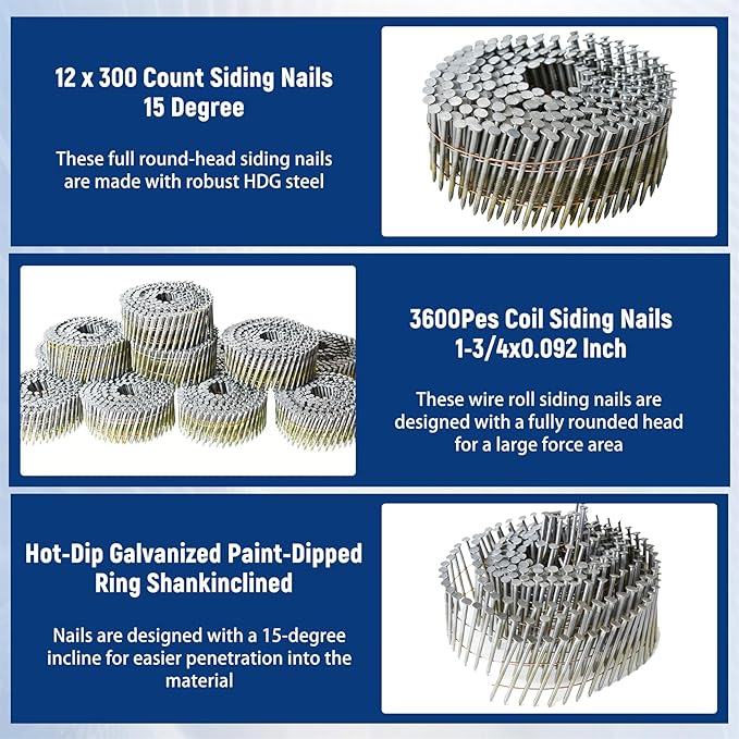 waltyotur 1-3/4Inch x 0.092Inch Collated Wire Coil Siding Nails 15-Degree Full Round-Head Ring 3600 Count Hot-Dipped Galvanized for Rough Nailing of Lathing and Sheathing Materials