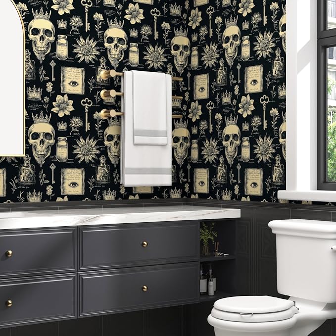 Gothic Black Beige Skull Floral Wallpaper Peel and Stick 17.5"x118" | Self Adhesive/Removable/Waterproof/Thick Vinyl Vintage Contact Paper for Bathroom Bedroom Shelf Cabinet Drawer,Prepasted