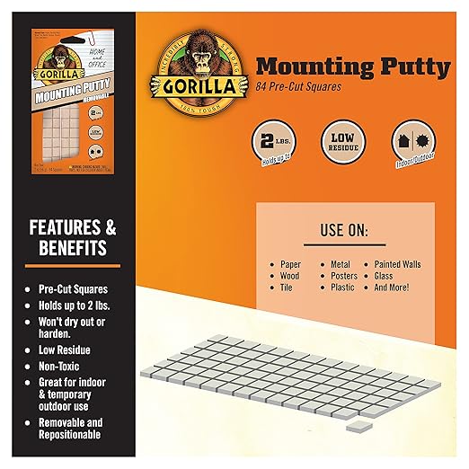 Gorilla Mounting Putty, Natural Tan Color, 84 Pre-Cut Squares (Pack of 8) - Non-Toxic Removable & Repositionable Wall Putty