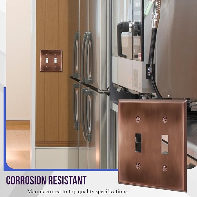 ENERLITES Double Toggle Light Switch Metal Cover Plate, Wall Plate, Stainless Steel 201, Corrosion Resistant, Standard Size 2-Gang 4.50" x 4.57", 7712-AC, Antique Copper