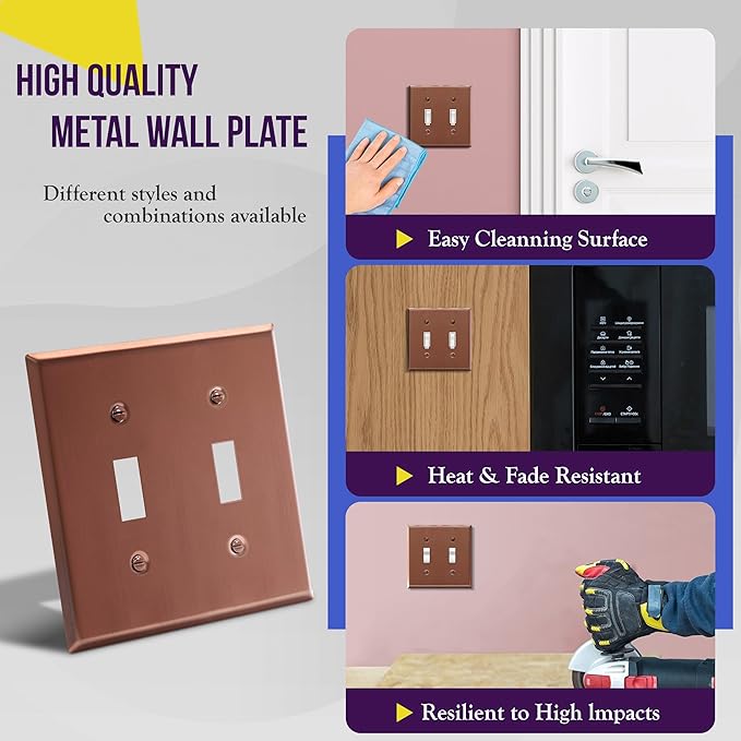 ENERLITES Toggle Light Metal Wall Plate, Switch Cover, Corrosion Resistant, Mid-Size 2-Gang 4.50" x 4.57", Stainless Steel 201, 7712-BRG, Brushed Rose Gold (Pack of 1)