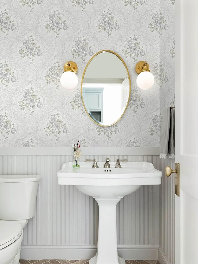 Ismoon Vintage Peel and Stick Wallpaper Floral Contact Paper Boho White and Grey Watercolor Damask Wallpaper Textured Removable Self Adhesive Vinyl Wall Paper for Bedroom, 17.3 in X 16.4ft