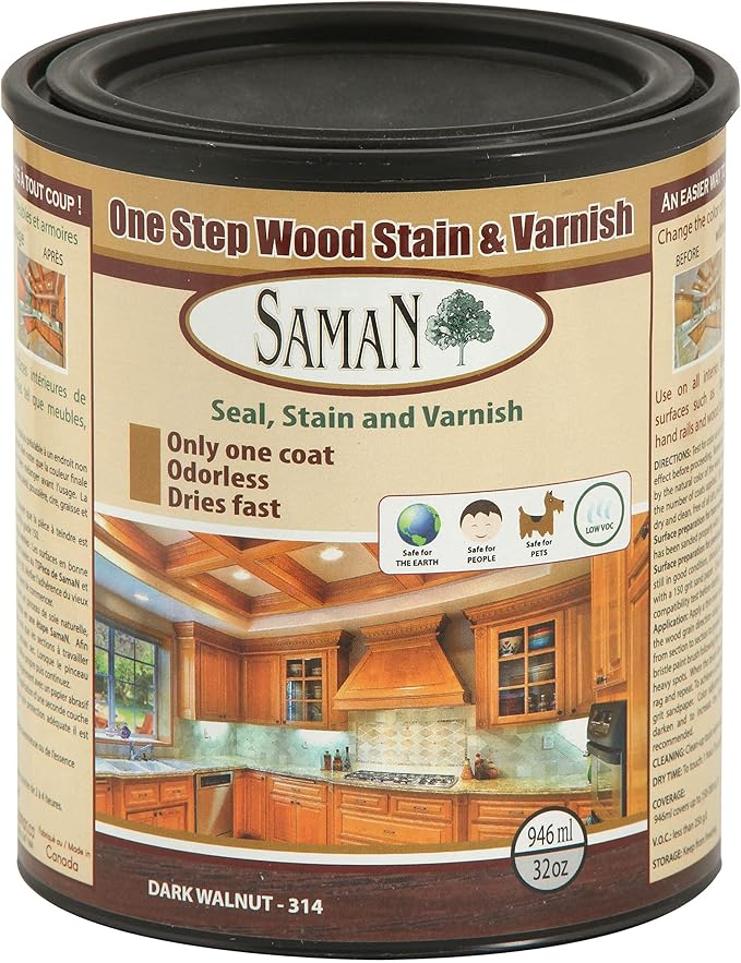 SamaN Interior One Step Wood Seal, Stain and Varnish – Oil Based Odorless Dye - Protection for Furniture and Fine Wood (Dark Walnut SAM-314, 32 oz)