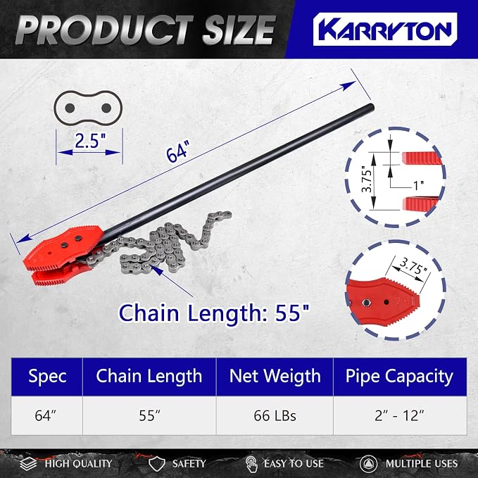 64" Chain Pipe Wrench, Fits 2"-12" Pipe Diameters, 55" Chain Length Max Breaking Load 31000LBs, Heavy Duty Chain Tongs for Pipe Installation, Oil Fields Operations and Maintenance