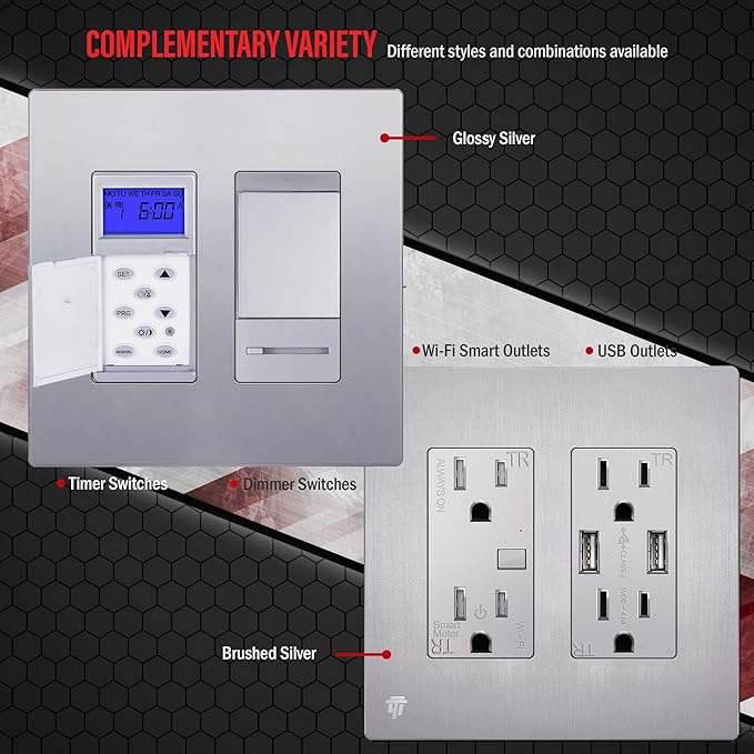 ENERLITES Elite Series Screwless Decorator Wall Plate Child Safe Outlet Cover, Gloss Finish, Size 2-Gang 4.68" H x 4.73" L, Unbreakable Polycarbonate Thermoplastic, SI8832-SV-10PCS, Silver (10 Pack)