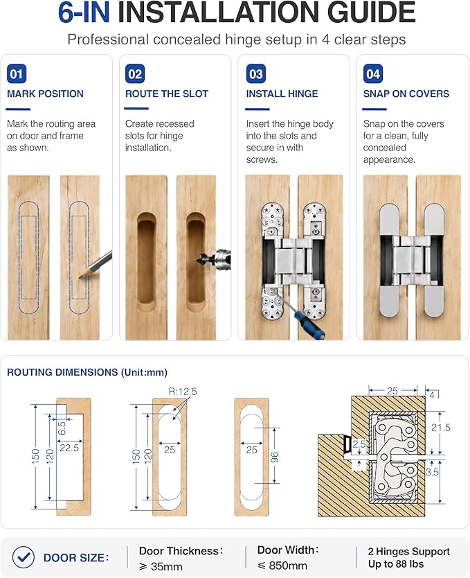 Onedaful 2 Kits 6 inch Stainless Steel Hidden Door Hinges Invisible Hinges for Door, 180 Degree Swing Concealed Hinges, 3 Way Adjustable & Heavy Duty for Secret Door (Load-Bearing Up to 170lbs)