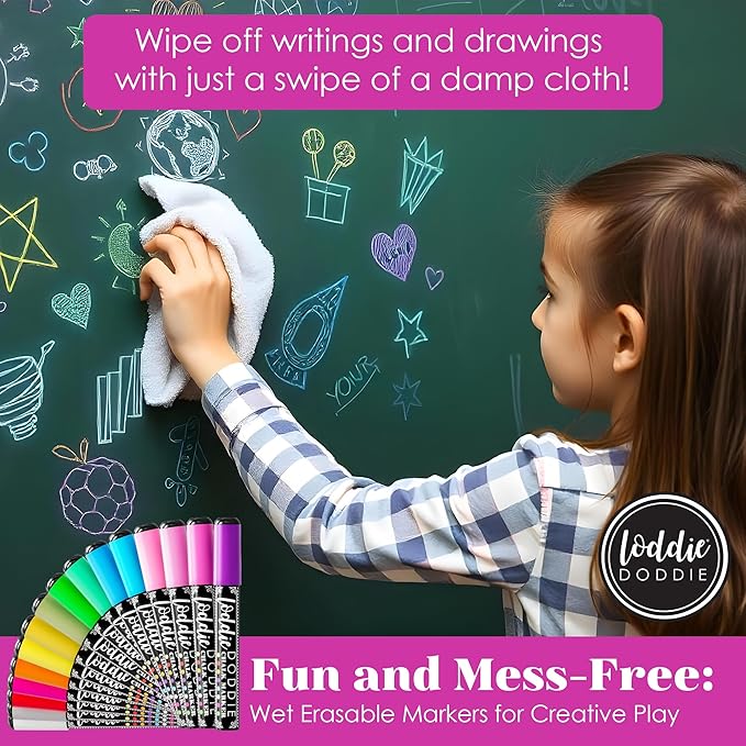 Loddie Doddie Chalk Markers - Pack of 16, Reversible 6mm Tips - Vibrant Chalkboard Designs with Chalkboard Markers - Easy Erase on Glass & Whiteboards with Dry Erase Pen