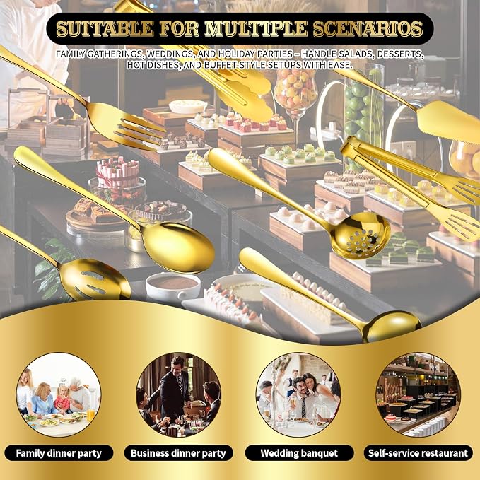 30 Piece Stainless Steel Serving Utensils Set - Buffet Serving Spoons Forks Tongs for BBQ, Parties, Catering, Weddings, Events - Gold