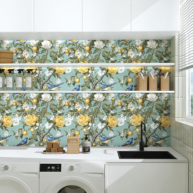 Danodoi Green Vintage Lemon Bird Peel and Stick Wallpaper 17.5" x 393" | Waterproof Vinyl Self Adhesive Removable Renter Friendly Floral Contact Paper