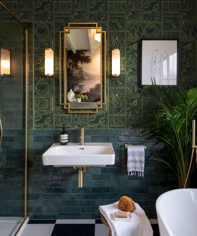 Erfoni 394"x17.7" Vintage Peel and Stick Wallpaper Green and Gold Contact Paper Peel and Stick Removable Animal Pattern Wall Paper DIY Waterproof Self Adhesive Wallpaper for Accent Wall Covering