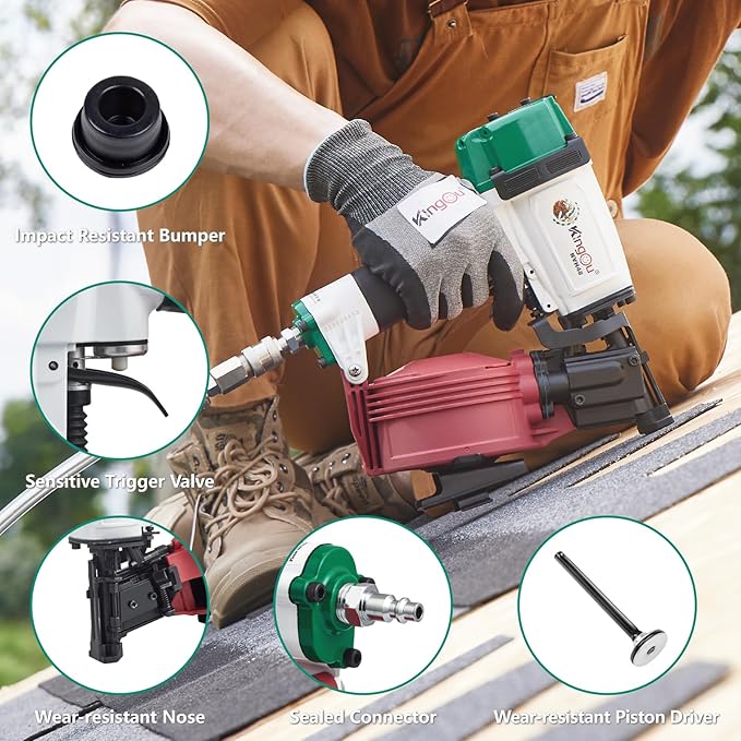 Kingou Mexican Style NVH45 Roofing Nail Gun For Roofing Constructions Accepts 7/8-Inch to 1-3/4-Inch Nails 15 Degree With 3/8 NPT Air Connector 120-pcs Load Capacity Roofing Nailer