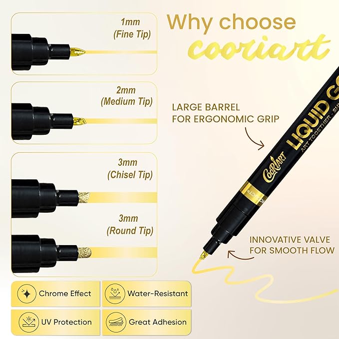 3PK Permanent Mirror Chrome Gold Markers – Metallic Gold Paint Pens for Metal, Plastic, Fabric, Jewelry, Model Painting, Touch-Up and Repair Kit, Set of 3 Tips (0.7mm, 1mm, 3mm)