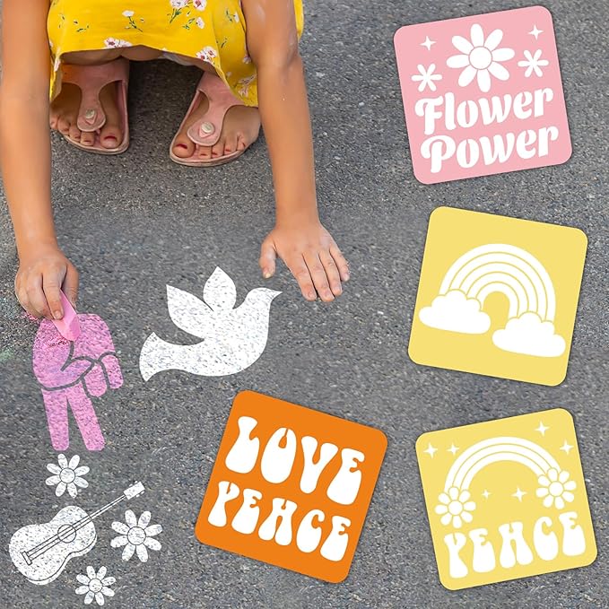 36pcs Groovy Hippie Drawing Stencils for Kids 8 Inch Sidewalk Chalk Stencils Painting Spring Gifts Large Washable Reusable Retro Boho Themed Primary Shape Template for Kids Toddlers Preschool