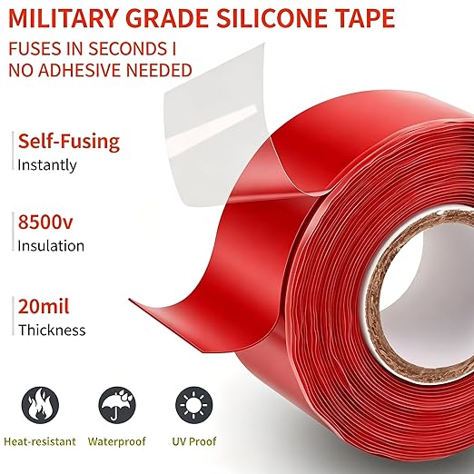 Self-Fusing Silicone Tape – 1" x33' Black/Red/White + 1" x5' Black – High-Heat 500°F, Waterproof, Electrical Insulating – Emergency, Automotive, DIY Repair