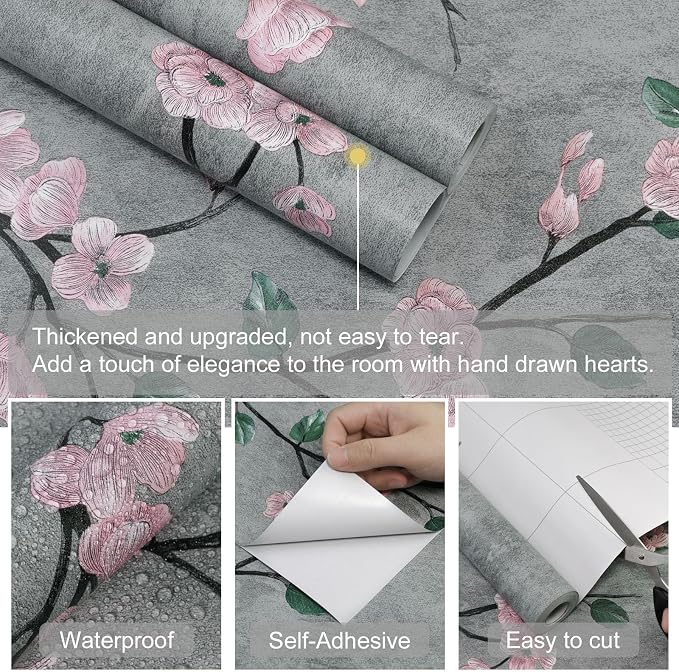 Floral Peel and Stick Wallpaper Flower Tree Contact Paper A Set of 17.5"x480" Self Adhesive Removable Modern Grey Wall Paper Decorative Wall Covering Countertop Vinyl Film Roll