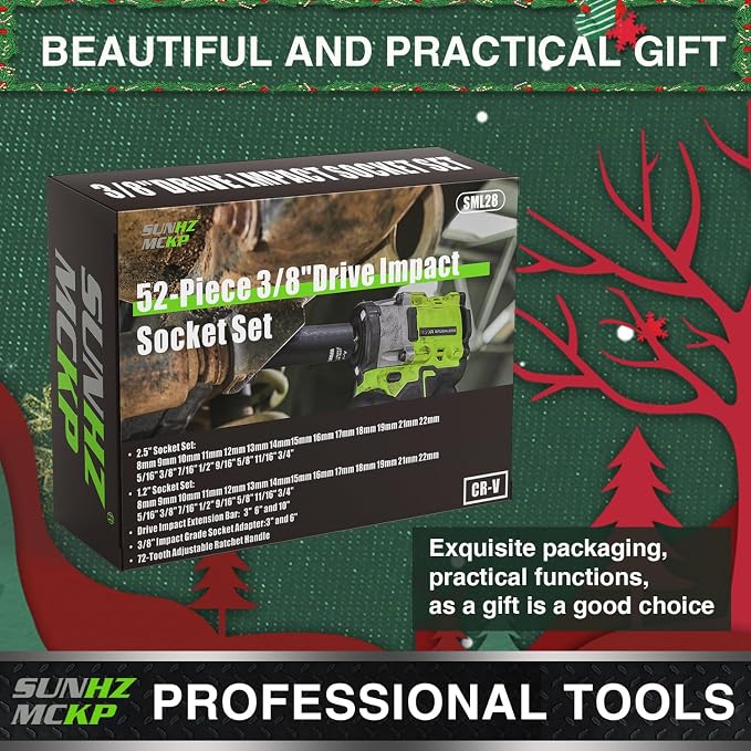 SUNHZMCKP 3/8 Impact Socket Set, 52 Piece Shallow & Deep 6 Point Sockets | SAE (5/16-3/4 inch) and Metric (8-22mm) 3/8 Socket Set, 3/8 Ratchet Handle, Extension Bars, Adapters, Universal Joint, CR-V