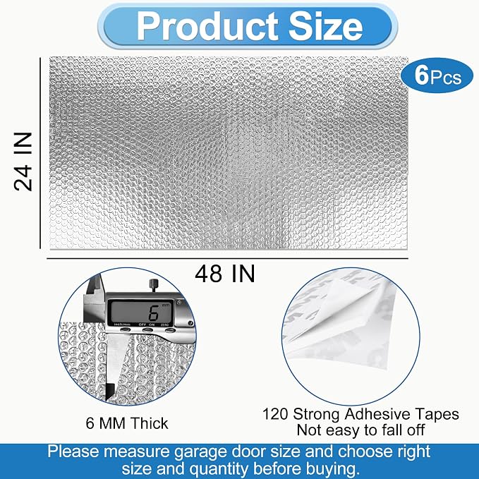 Garage Door Insulation Kit 6P Double Bubble Window Heat Insulation Panels, 6MM 8x6FT Reflective Aluminum Foil Summer/Winter Barrier Insulation Sheets with 120 Tapes for Garage Attic Wall(24x48)