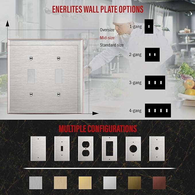 ENERLITES Toggle Light Switch Metal Midway Wall Plate, Corrosion Resistant, Mid-Size 2-Gang 4.88" x 4.92", UL Listed, 7712M, 430 Stainless Steel, Silver