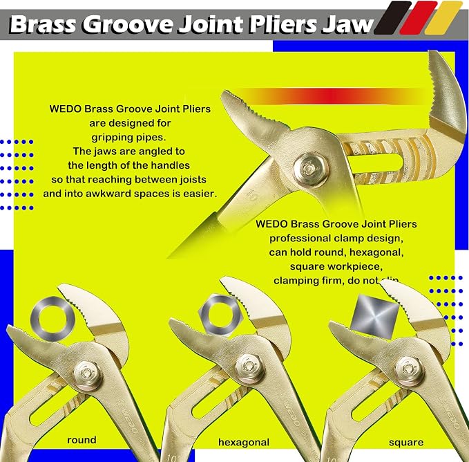 WEDO 4-Piece Brass Pliers Set With Non-Slip Handle: 8" Long Nose, 8" Snipe Nose, 6" Slip Joint, 10" Groove Joint