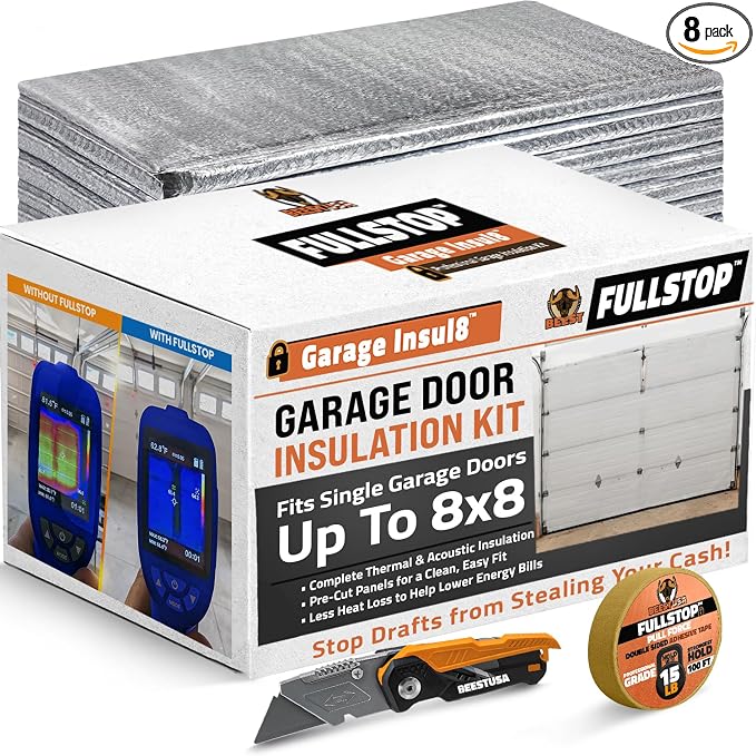 BEEST FULLSTOP Garage Door Insulation Kit - 8x8 & 8x7 ft Single Garage Door Insulation Panels - 8 Pre-Cut 24x48 Foam-Core Panels w/ Tape, Cutter & Squeegee - Improve Garage Comfort Year-Round