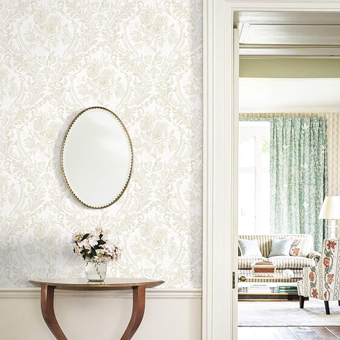 Ismoon Floral Peel and Stick Wallpaper Vintage Beige Contact Paper Boho Watercolor Damask Wall Paper Textured Removable Self Adhesive Vinyl Wallpaper for Cabinet Bedroom Wall Decor, 17.3x590in