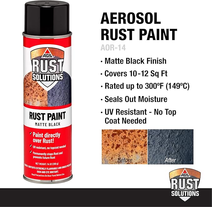 AGS RUST SOLUTIONS Rust Stop Spray Paint for Metal, 14oz Aerosol Can – Matte Black Finish, Epoxy-Fortified Corrosion Protection, UV Resistant, Withstands 300°F – No Sanding Required