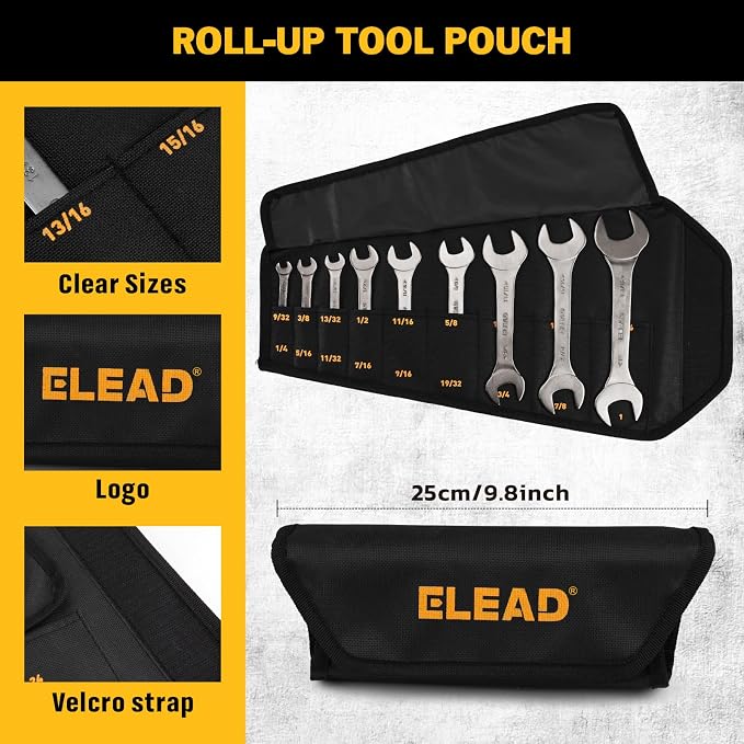 ELEAD 19-Piece Super-Thin Open End Wrench Set, Metric 5.5–27 mm & SAE 1/4"-1-1/16", CR-V Nickel Plated, 3 mm Thickness Ultra-Slim Wrench Set for Tight Spaces, Durable Roll-Up Pouch for Mechanics