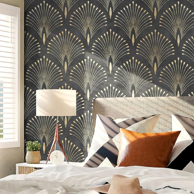 Livelynine 17.5x276 Art Deco Black and Gold Peel and Stick Wallpaper Abstract Peacock Wall Paper Prepasted Rolls Renter Friendly Black Vintage Contact Paper Waterproof Vinyl Geometric Wall Coverings