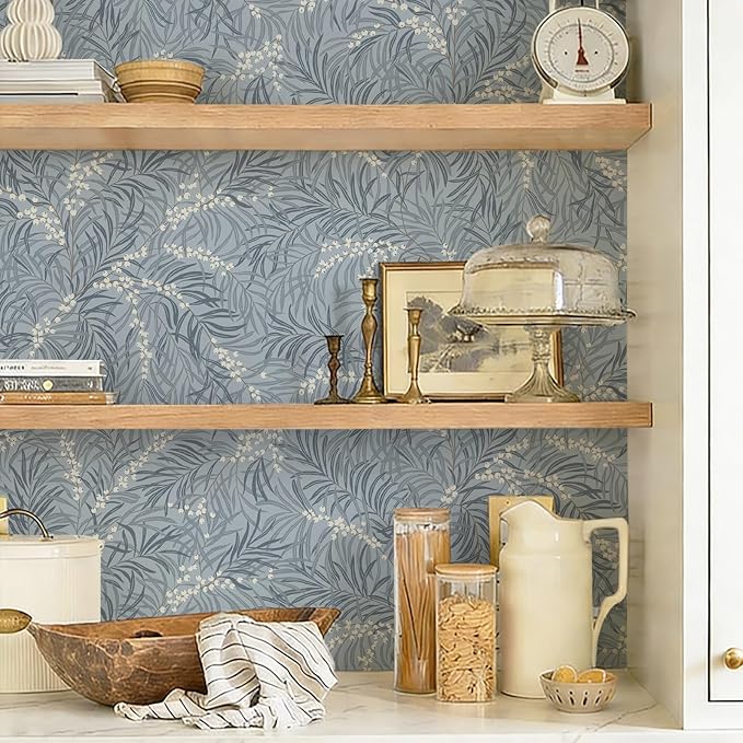 Ismoon Vintage Wallpaper Peel and Stick Dusty Blue Botanical Wallpaper 17.3in x32.8ft Leaf Removable Waterproof Blue/White Contact Paper for Bedroom Kitchen Renter Friendly Wall Decor Vinyl