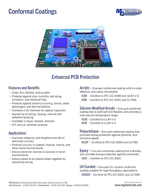 MG Chemicals 422C Conformal Coating - Protects Printed Circuit Boards - Silicone with UV Indicator, Waterproof and Flame retardent, 945mL can