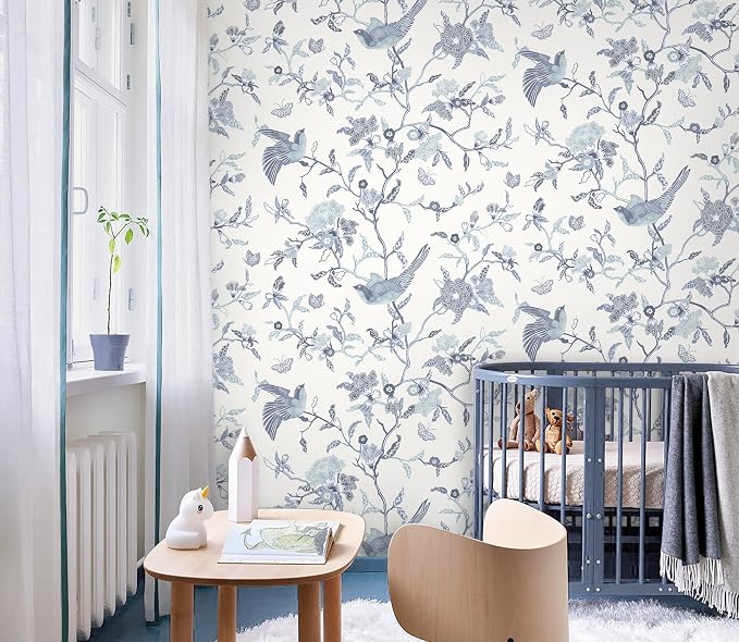 Timeet Peel and Stick Wallpaper Vintage Floral Contact Paper Blue and White Birds Wallpaper Removable Self Adhesive Flower Wall Paper for Bedroom Living Room 16.14"x393.7"