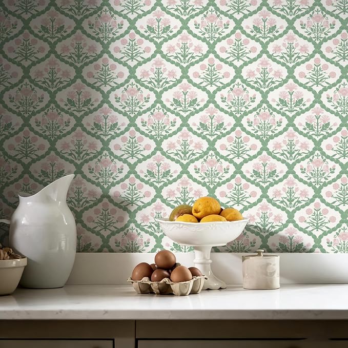 17.3" x 196.8" Pink Floral Peel and Stick Wallpaper Vintage Wall Paper Boho Pink Floral Damask Wallpaper for Bedroom Decorative Self Adhesive Shelf Drawer Liner