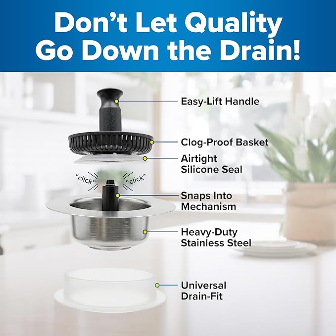 Drain Hero 3-in-1 Kitchen Sink Strainer, Stopper, & Basket | ClickLock Technology | Universal Fit 3.5" Drain Protector | Rust-Proof Stainless Steel