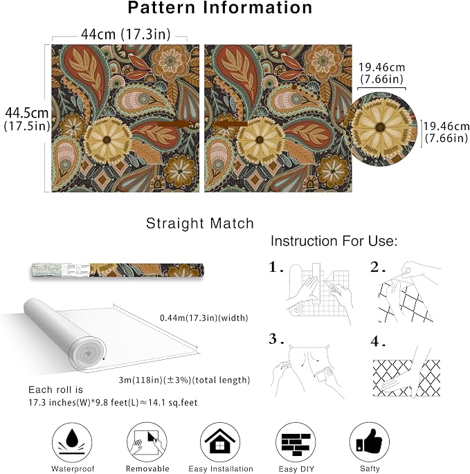 HAOKHOME Boho Peel and Stick Wallpaper Floral Paisley Brown/Yellow/Terracotta Renter Friendly Removable Wall Paper for Bedroom Decor 17.3in x 9.8ft