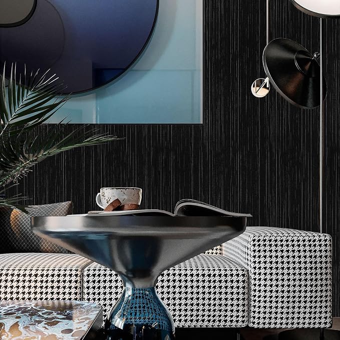 Black Grasscloth Peel and Stick Wallpaper - 15.7"x120" Vintage Texture Removable Waterproof Wall Paper for Room Walls, Cabinets, Furniture, Drawers, Desk