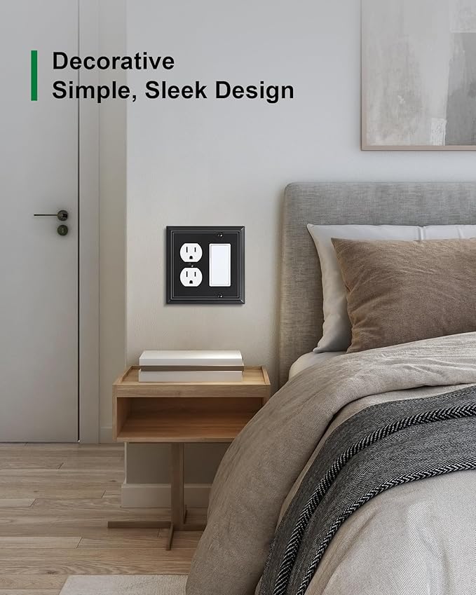 2-Pack Combo Duplex/Decorator Outlet Cover Plate, Black Decorative Switch Plates Covers, Durable Natural Bamboo Fiber Wall Plates for Electrical Outlets, Receptacle, GFCI Outlet, Dimmer Switch
