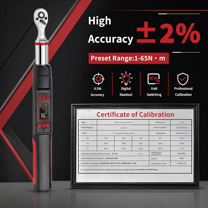1/4" Digital Torque Wrench Set, 0.74-48 Ft-Lb(1-65Nm), ±2% CW Accuracy, Peak & Track Mode, Backlit LCD, 4" Extension Bar, Adapter, Universal Joint, Sockets Bits for Bicycle Motorcycle Auto DIY Repair