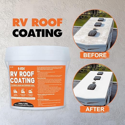 E-SDS RV Roof Sealant Waterproof - White 1 Gallon Liquid Flexible Rubber Repair Sealant Elastomeric Coating for Campers, Trailers, Metal Buildings - Accessories Packaged Inside The Bucket