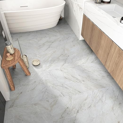 WESTICK Beige Marble Floor Tiles Peel and Stick Waterproof Bathroom Floor Tile Stickers Thick Adhesive Vinyl Flooring Decorative Removable Kitchen Peel Stick Flooring Tile for Bedroom 5 PCS 12" x 12"