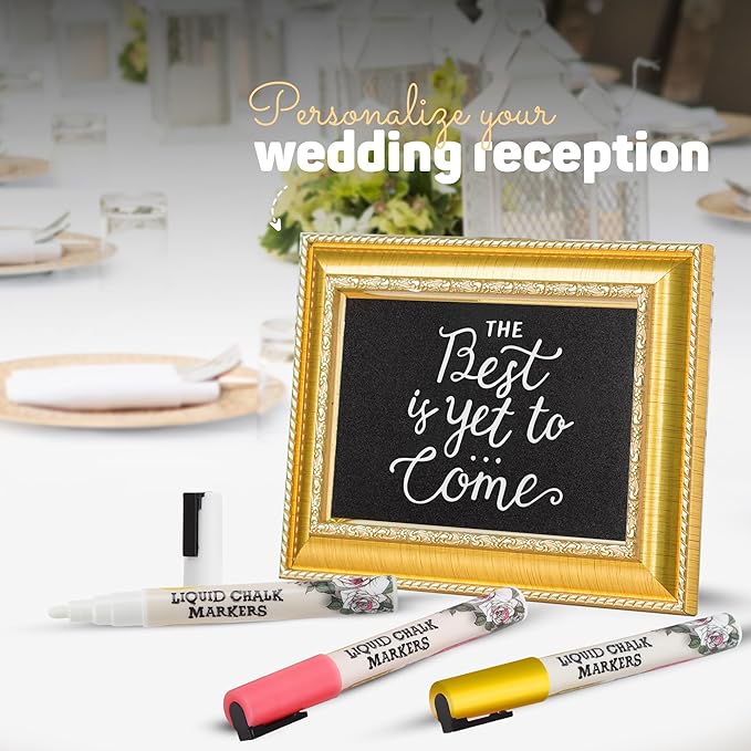 Liquid Chalk Markers: Wedding Edition - Pack of 8 - Non-Toxic, Water-Based, Erasable, Dust Free Chalk Pens for Chalkboards, Blackboards, Windows and Glass - 6mm Reversible Bullet and Chisel Tip