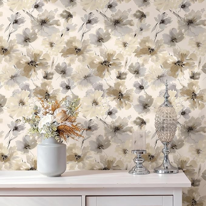 Floral Peel and Stick Wallpaper, Beige Yellow Watercolor Flower Contact Paper Peel and Stick for Bedroom Bathroom, Vintage Removable Waterproof Self Adhesive Wall Paper 118 x 17.3in, 14.4 sq.ft