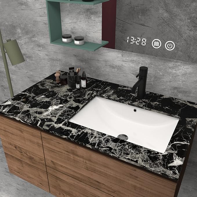 Black Marble Contact Paper Peel and Stick Countertop Waterproof Vinyl Film Glossy Marble Wallpaper Removable Self-Adhesive Counter Top Wrap for Kitchen Bathroom Sink Table Covers 16x118 inch