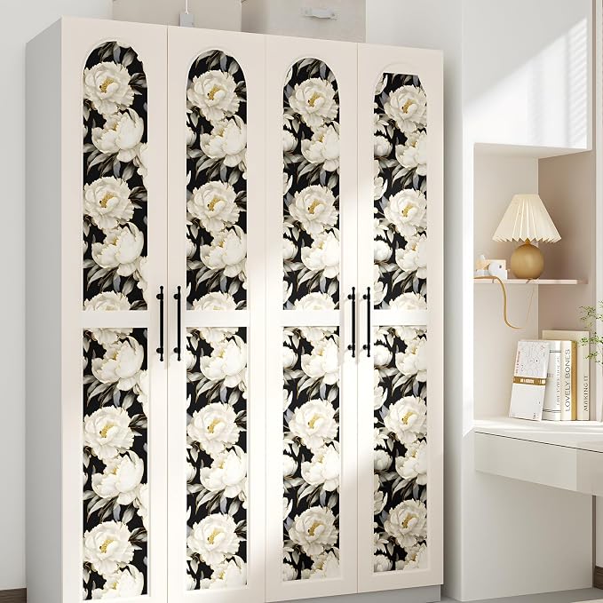 ILHIIOR Black/White Floral Peel and Stick Wallpaper 17.5 x 393 Inches | Leaf Removable Self Adhesive Waterproof Contact Paper, Renter Friendly Decor for Cabinets, Drawers & Bedroom Walls